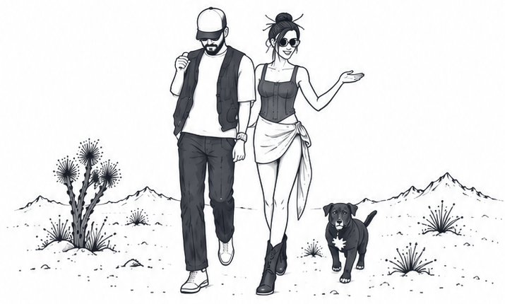 Rebekah and Charlie walking through the desert with their dog
